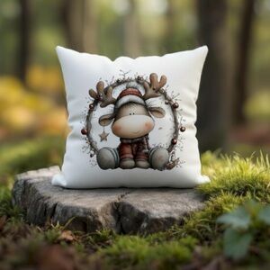 Festive Reindeer Holiday Pillow - White and Brown